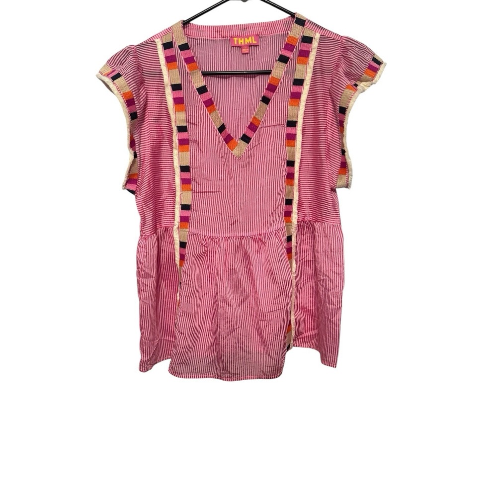 THML brand top features vertical pink stripes and colorful embroidered trim M